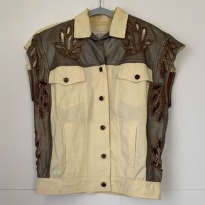 Fini Lignarolo Women Cream and Brown Embellished Vest with Rivets Size 6